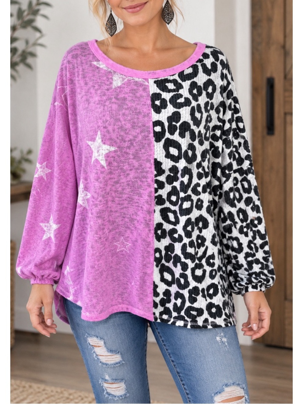 Oddy orchid & Leo color block balloon long sleeve top with drawstring ba…